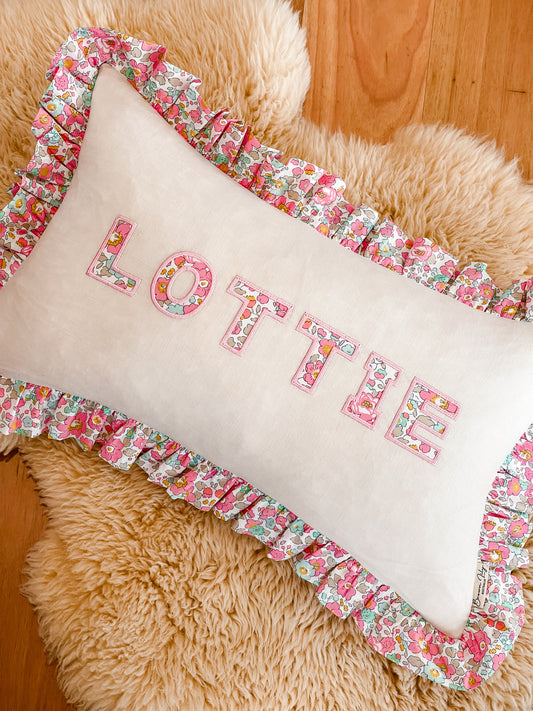 Personalised Linen & Liberty Ruffle Cushion 35cm x 55cm