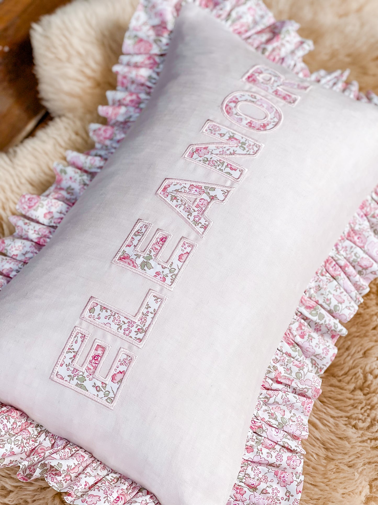 Personalised Linen & Liberty Ruffle Cushion 35cm x 55cm